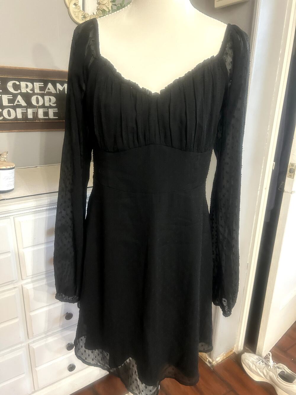 Hollister L Black Swiss Dot smoked Sheer Dress Homecoming babydoll Coquette